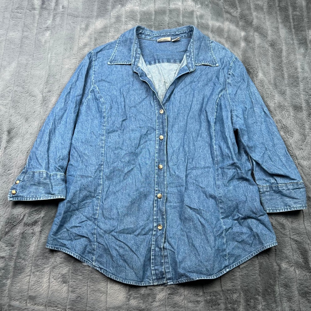 St Johns Bay Woman Denim Button Down Shirt 1X Blue 100% Cotton 3/4 Sleeve Top